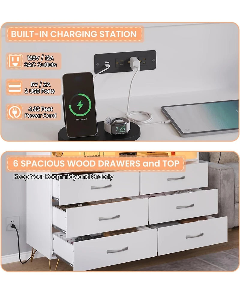 Gaomon 6-Drawer Dresser with Rgb Led Lights – Large Storage Chest for Bedroom, Entryway, Living Room, Stylish Tv Stand Cabinet