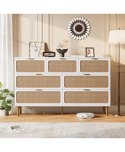 gaomon Rattan 7 Drawer Dressers for Bedroom, Tall Dresser with Deep Drawers, Large Chest of Drawers for Closet with Wide Top