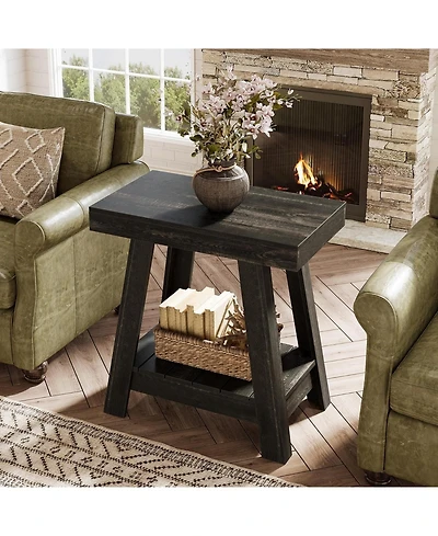 Tribesigns 2-Tier Wooden End Table, Farmhouse Small Sofa Side Table with Storage, Rustic Grey