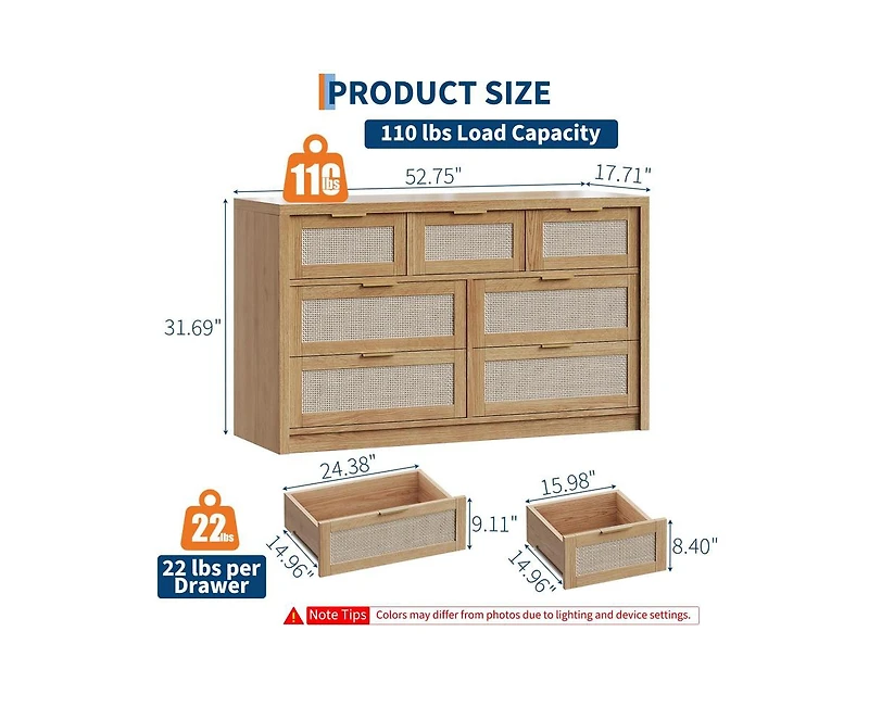 gaomon Rattan 7 Drawers Dresser for Bedroom