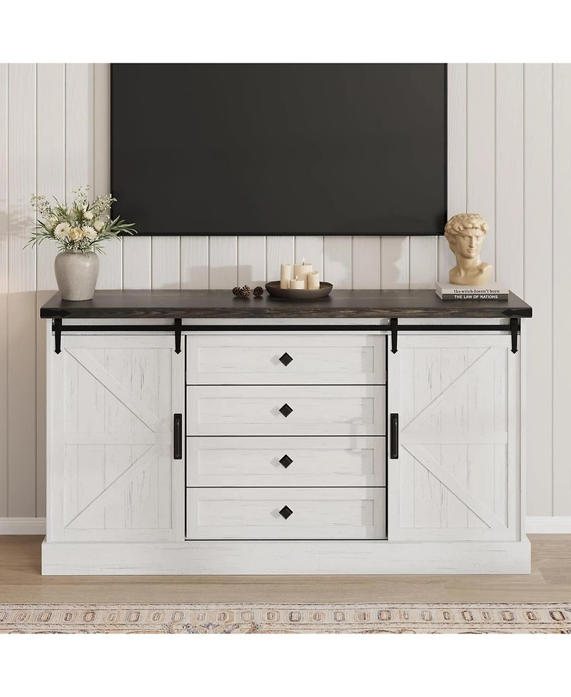 Gaomon 59" Farmhouse 4-Drawer Dresser with Sliding Barn Doors, Wide Tv Stand and Storage Chest for Bedroom or Closet