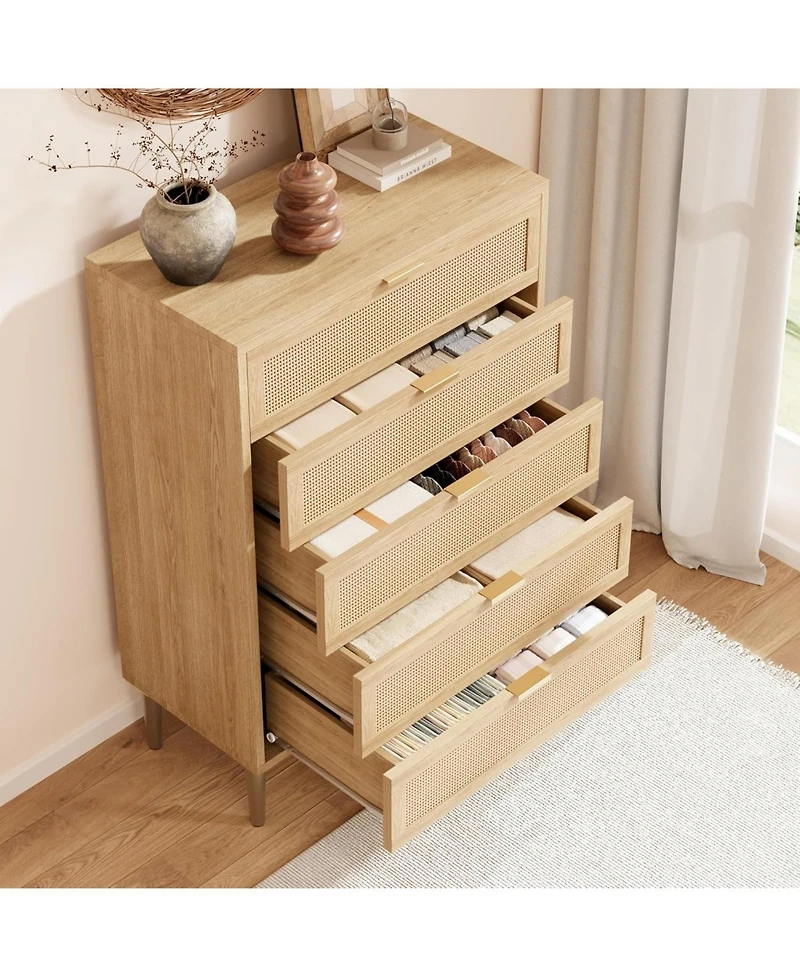 Gaomon 44-Inch Modern Boho Rattan 5-Drawer Dresser with Gold Legs and Handles, Anti-Tip Design for Bedroom and Living Room