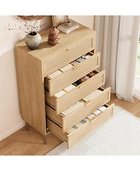 Gaomon 44-Inch Modern Boho Rattan 5-Drawer Dresser with Gold Legs and Handles, Anti-Tip Design for Bedroom and Living Room