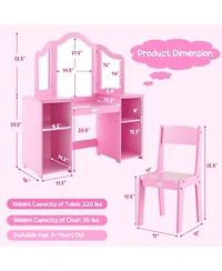 Gymax Kids Vanity 2 1 Princess Makeup Desk & Chair Set Safe Tri-fold Mirror