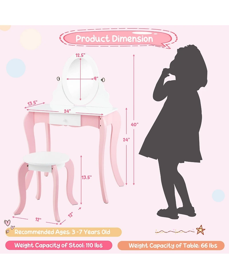 Gymax Pretend Kids Vanity Set Makeup Dressing Table 2-in-1 Mirror & Whiteboard