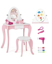Gymax Pretend Kids Vanity Set Makeup Dressing Table 2-in-1 Mirror & Whiteboard