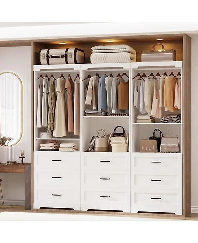 Ironck Freestanding Closet System with 3 Wood Drawers, Adjustable Shelves and Hanging Rod, White