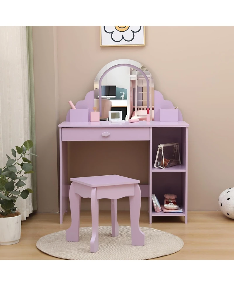 gaomon Kids Vanity with Lighted Mirror & Stool, Little Girls Vanity with Adjustable Led Light, Storage Drawer & Shelves for Girls 3-9