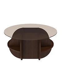 Streamdale Round Coffee Table - Glass Top, Walnut Brown