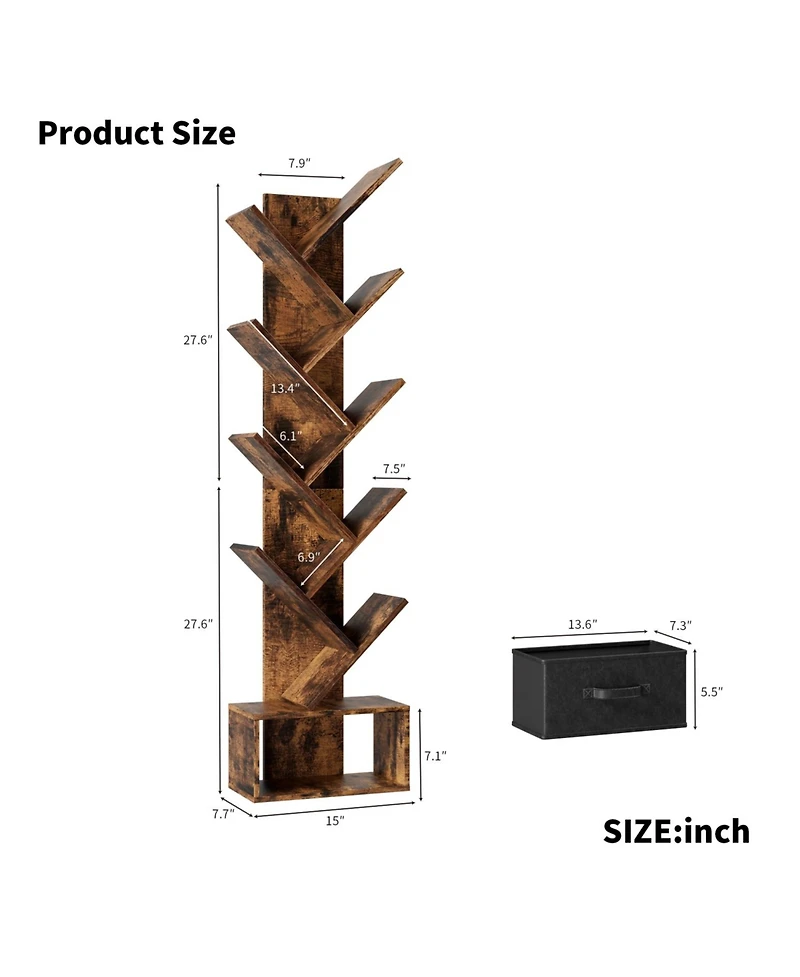 Streamdale Furniture Rustic Brown 9-Tier Tree Bookshelf with Drawer