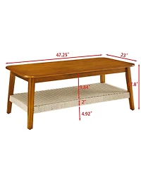 Simplie Fun 47.25" Mid-Century Coffee Table with Woven Shelf, Boho Rattan Coffee Table with Storage, Farmhouse Wood Low Rectangle Tea Table for Living