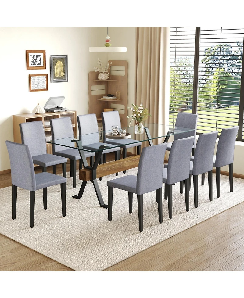 Streamdale Furniture Glass Top Table & 10 Gray Linen Chairs