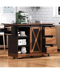 Streamdale Furniture Farmhouse Kitchen Island with Drop Leaf, Barn Door, Power, Rolling Cart