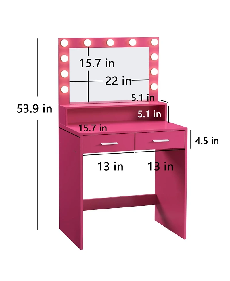 Streamdale Furniture Rose Pink Vanity Desk with Lighted Mirror & Drawers