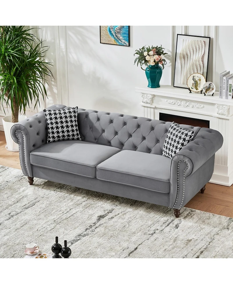 Streamdale Furniture Streamdale 87" Chesterfield Velvet Sofa, Roll Arm, Nailhead Trim