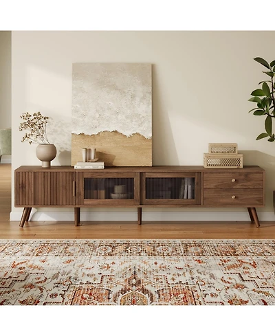 Streamdale Furniture 76" Modern Glass-Door Tv Stand for 85" TVs, Wood-Grain Entertainment Center