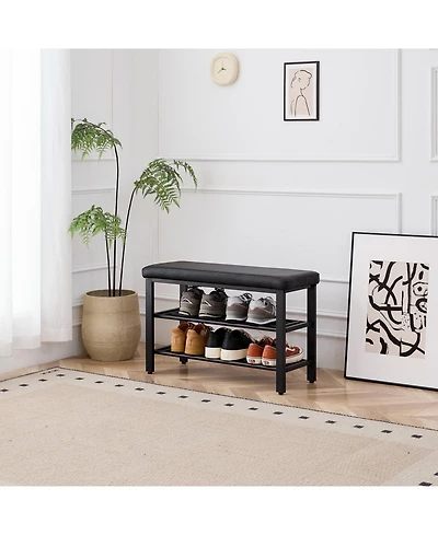 Streamdale Furniture Shoe Bench with Seat Cushion, 3-Tier Shoe Rack, Metal Mesh Shelves