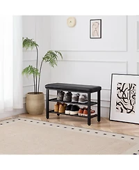 Streamdale Furniture Shoe Bench with Seat Cushion, 3-Tier Shoe Rack, Metal Mesh Shelves