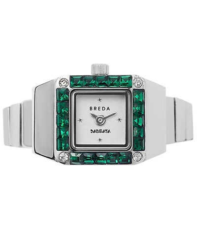 Breda Women's x Dalmata Time Ring Emerald Crystals and Stainless Steel Expandable Ring Watch, 15mm