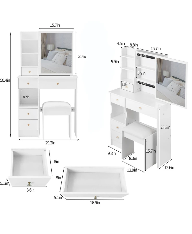 Streamdale Furniture Compact Vanity Table with Large Mirror and Multi-Tier Storage, Stool Included