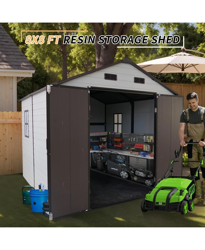 Streamdale Furniture 8x8 Resin Storage Shed w/ Windows, Aluminum Frame & Floor (White/Brown