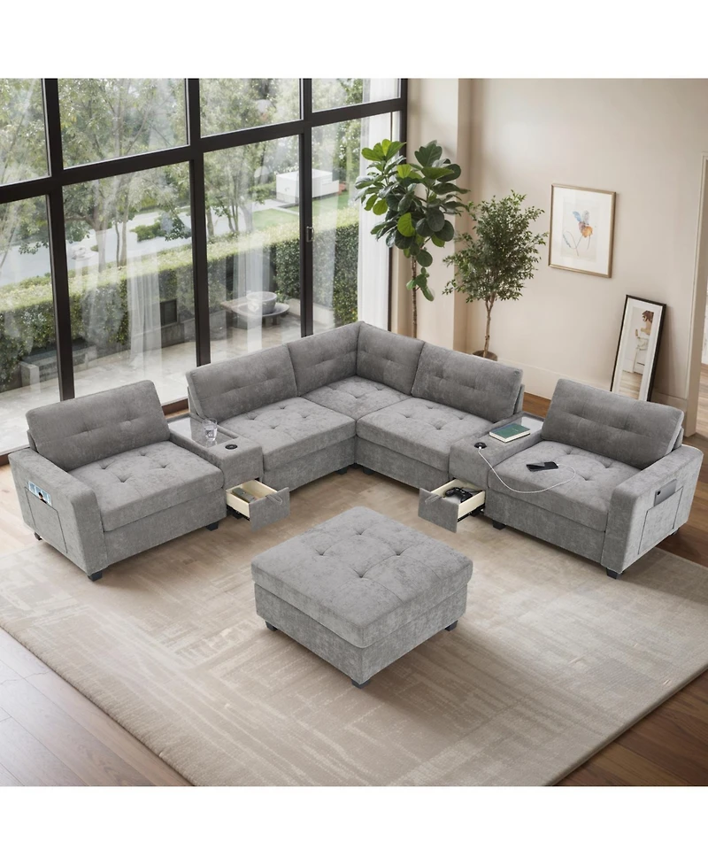 Streamdale Furniture 104" Tufted Sectional Sofa with Acrylic Table, Consoles, Usb Charger, Storage, Ottoman