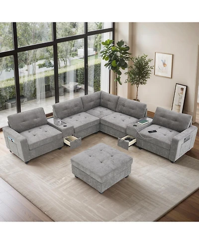 Streamdale Furniture 104" Tufted Sectional Sofa with Acrylic Table, Consoles, Usb Charger, Storage, Ottoman