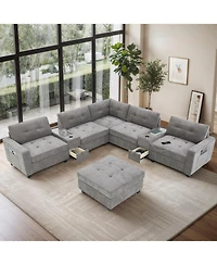 Streamdale Furniture 104" Tufted Sectional Sofa with Acrylic Table, Consoles, Usb Charger, Storage, Ottoman