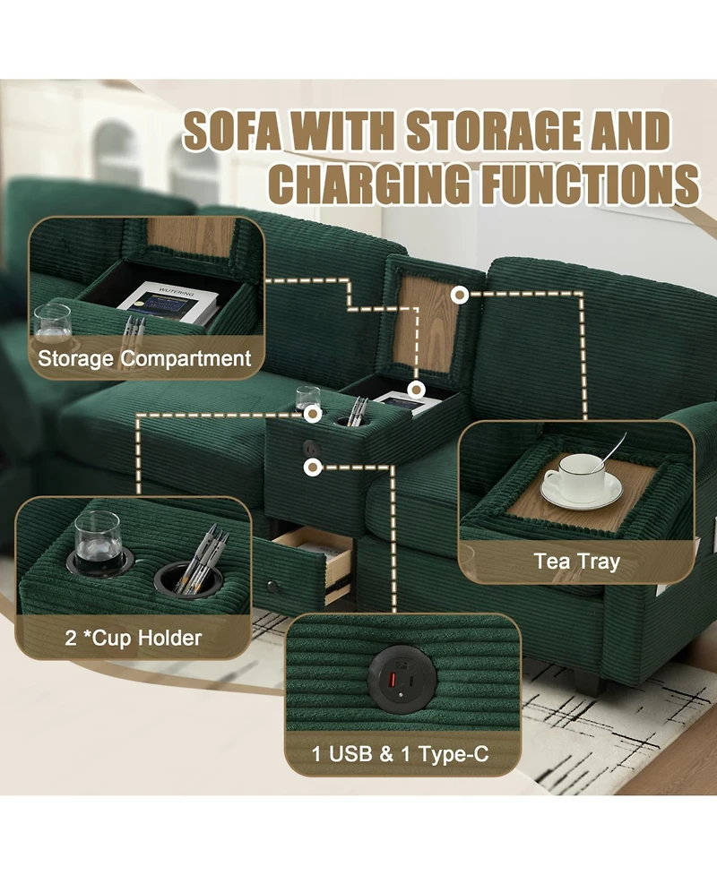 Streamdale Furniture L-Shape Corduroy Sofa- 4-Seater, Usb, Storage
