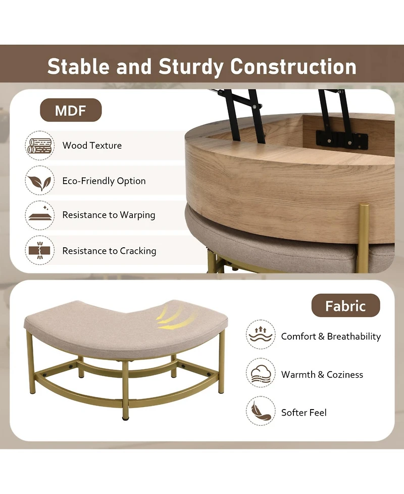 Streamdale Furniture Round Lift-Top Coffee Table with Storage & 3 Ottoman