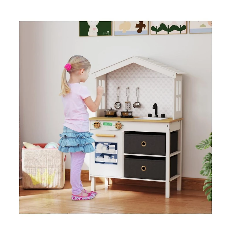 Hongge Kids Wooden Play Kitchen Set with Storage and Accessories for Imaginative Cooking