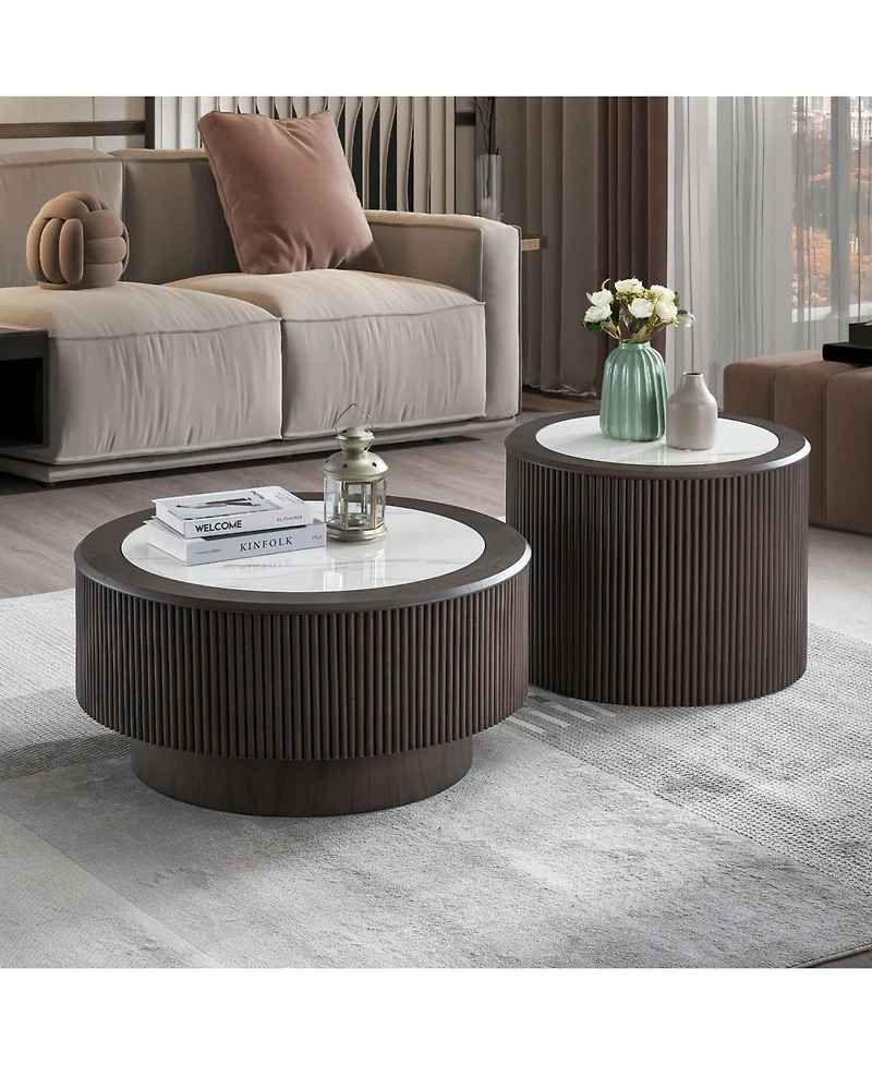 Streamdale Furniture Marble Pattern Coffee Table Set - Round End Tables, Dark Brown