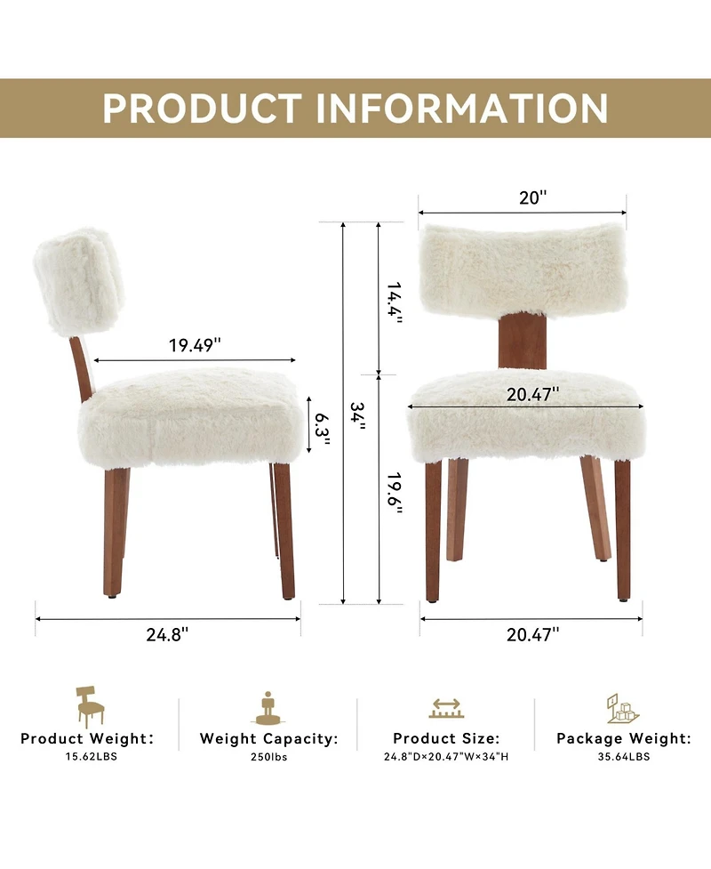 Streamdale Furniture Fur Fabric Armless Dining Chairs, Curved Back, Wood Legs, Ivory (Set of 2
