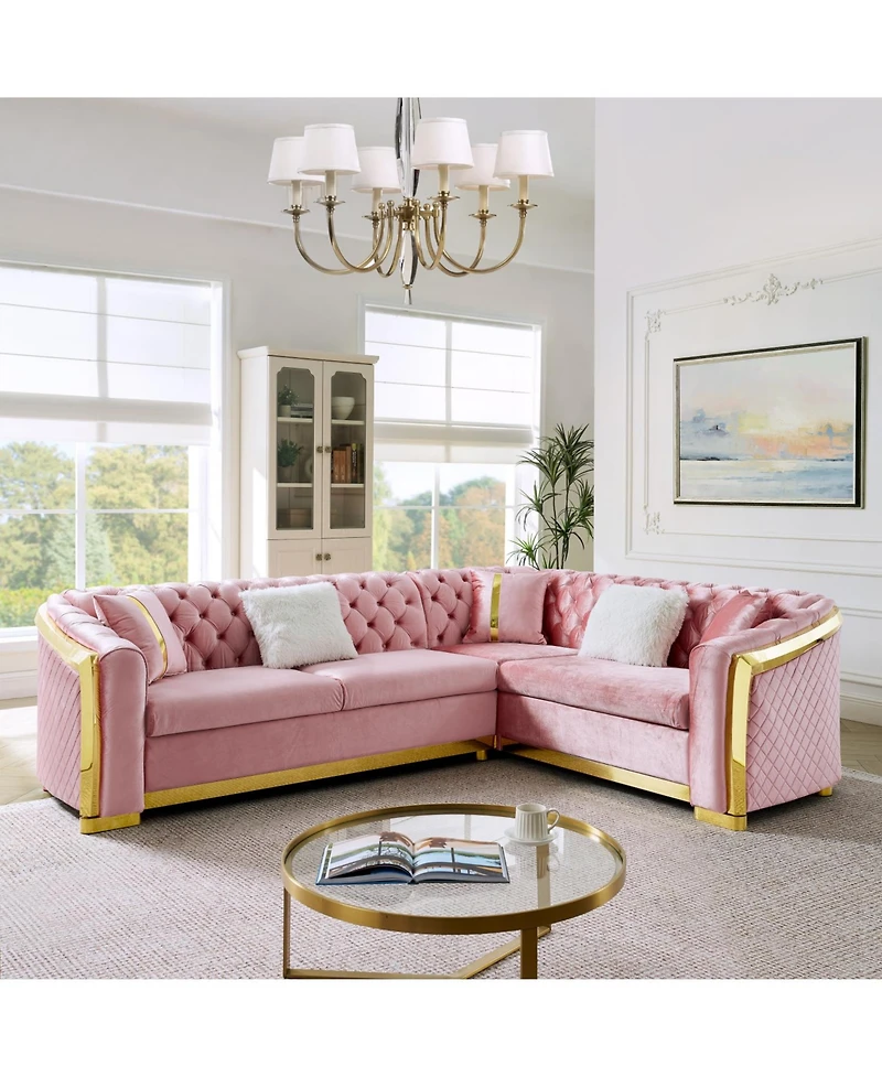 Streamdale Furniture L-Shaped Chesterfield Velvet Sectional Sofa, Gold Accents, 5 Pillows