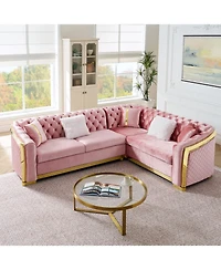 Streamdale Furniture L-Shaped Chesterfield Velvet Sectional Sofa, Gold Accents, 5 Pillows