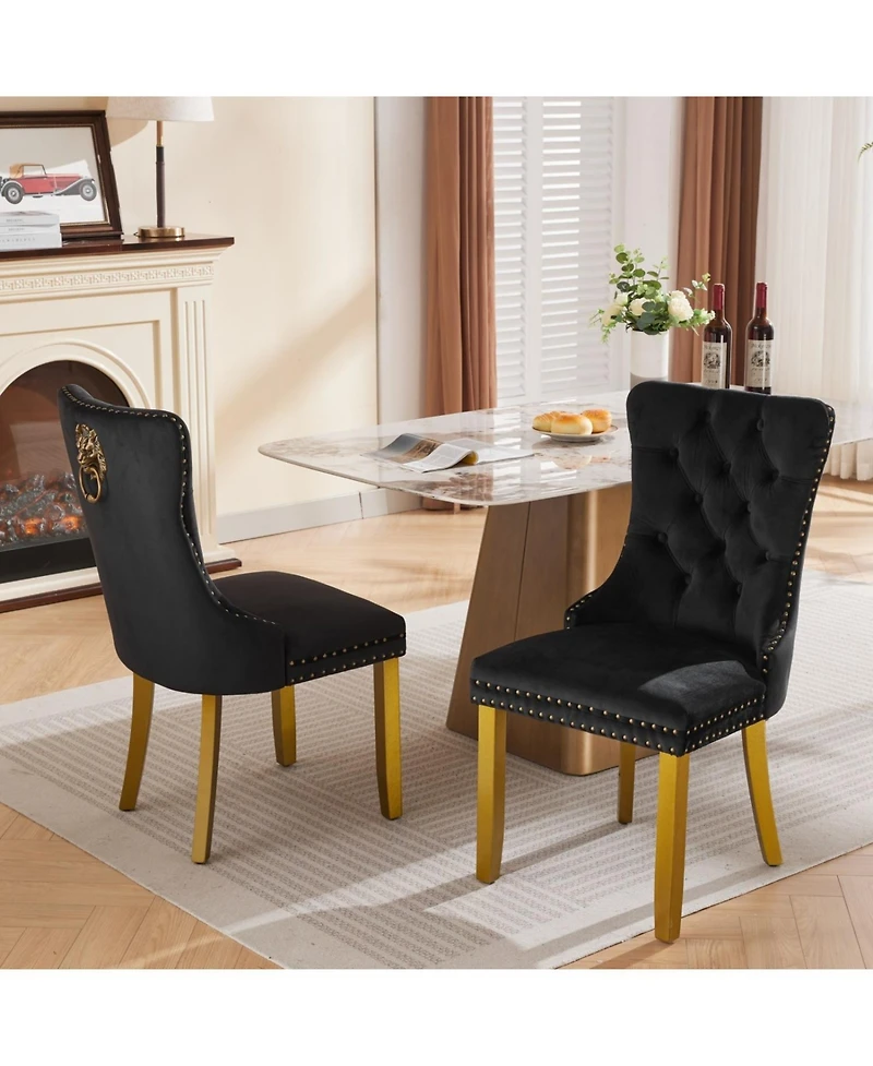 Streamdale Furniture Mid-Century Tufted Velvet Dining Chairs, Lion Head Ring, Gold Legs, Blue, 2-Pcs