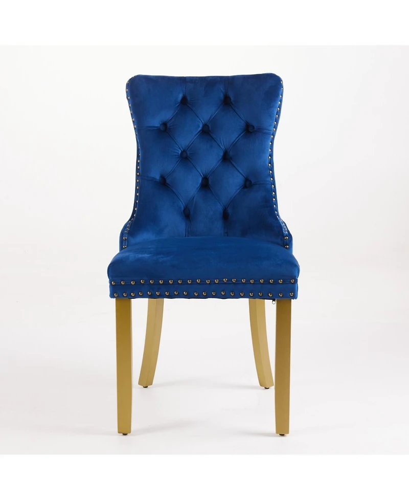 Streamdale Furniture Mid-Century Tufted Velvet Dining Chairs, Lion Head Ring, Gold Legs, Blue, 2-Pcs