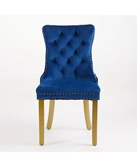 Streamdale Furniture Mid-Century Tufted Velvet Dining Chairs, Lion Head Ring, Gold Legs, Blue, 2-Pcs