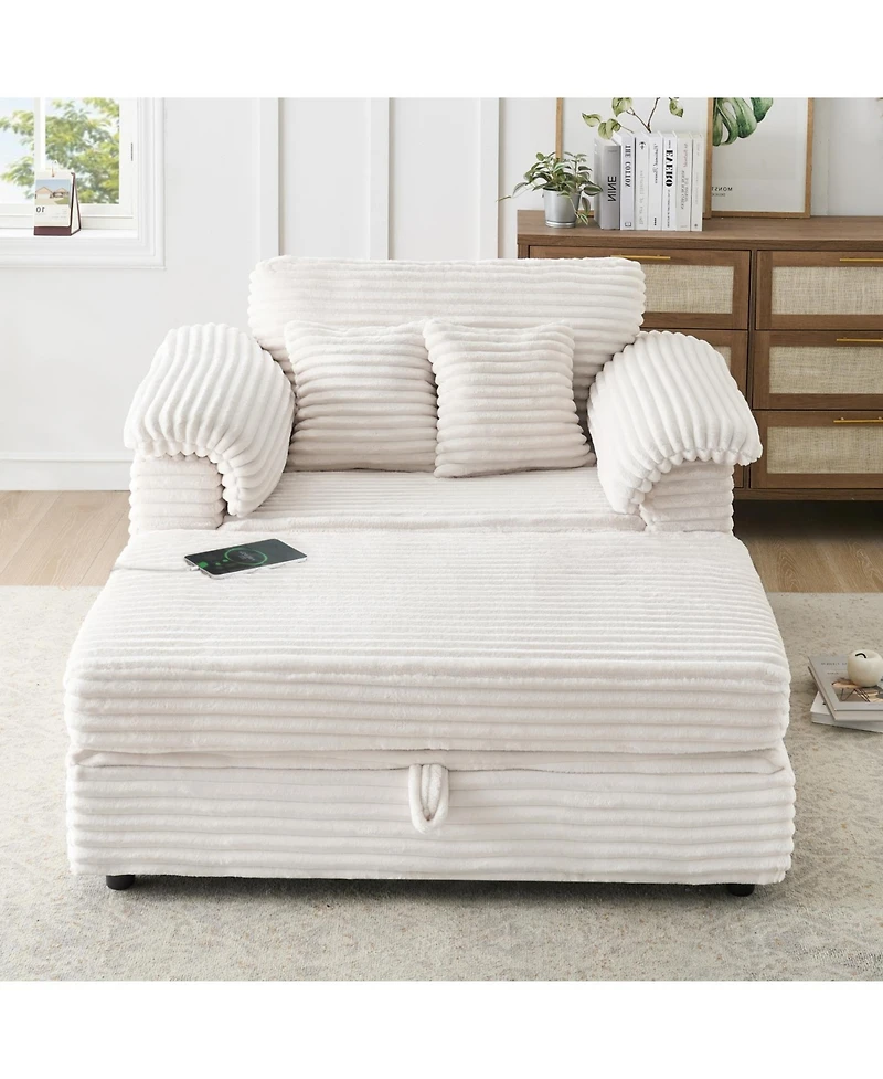 Streamdale Furniture Corduroy Armchair Set w/ Usb Ports & Storage Stool - White