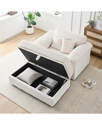 Streamdale Furniture Corduroy Armchair Set w/ Usb Ports & Storage Stool - White