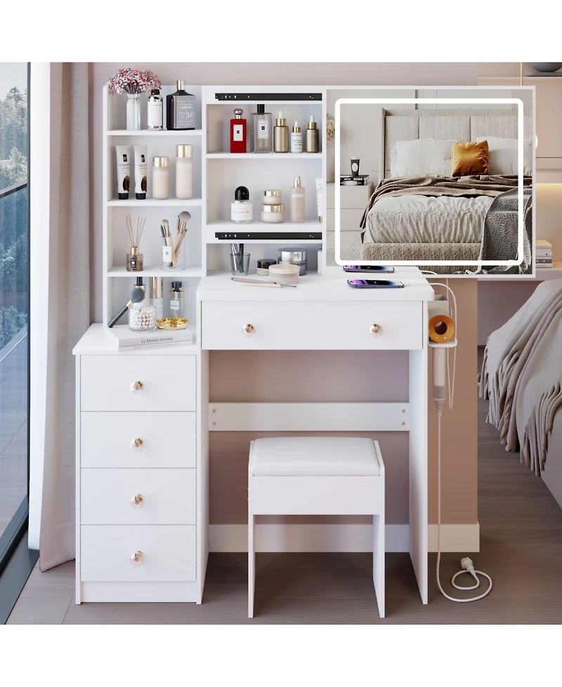 Streamdale Furniture 37" Bedside Vanity Table Set with - Cushioned Stool - Ac/Usb Sockets - Hair Dryer Stand - Touch Control Led Mirror