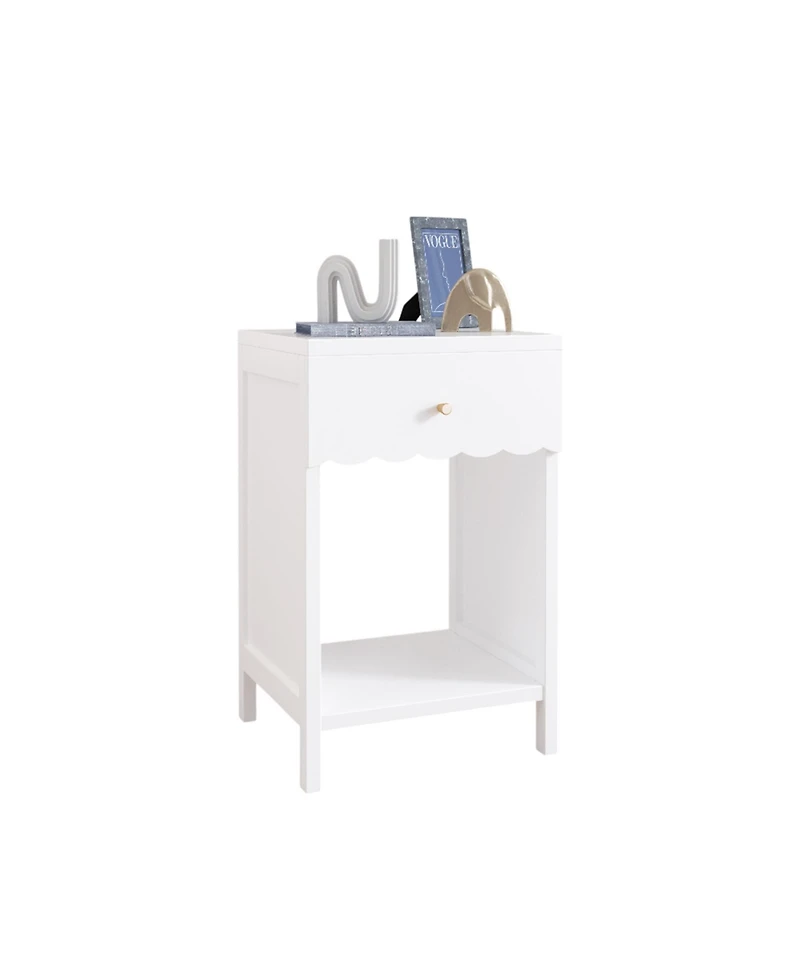 Streamdale Furniture White Nightstand with Drawer & Shelf, Scalloped Edge Bedside Table