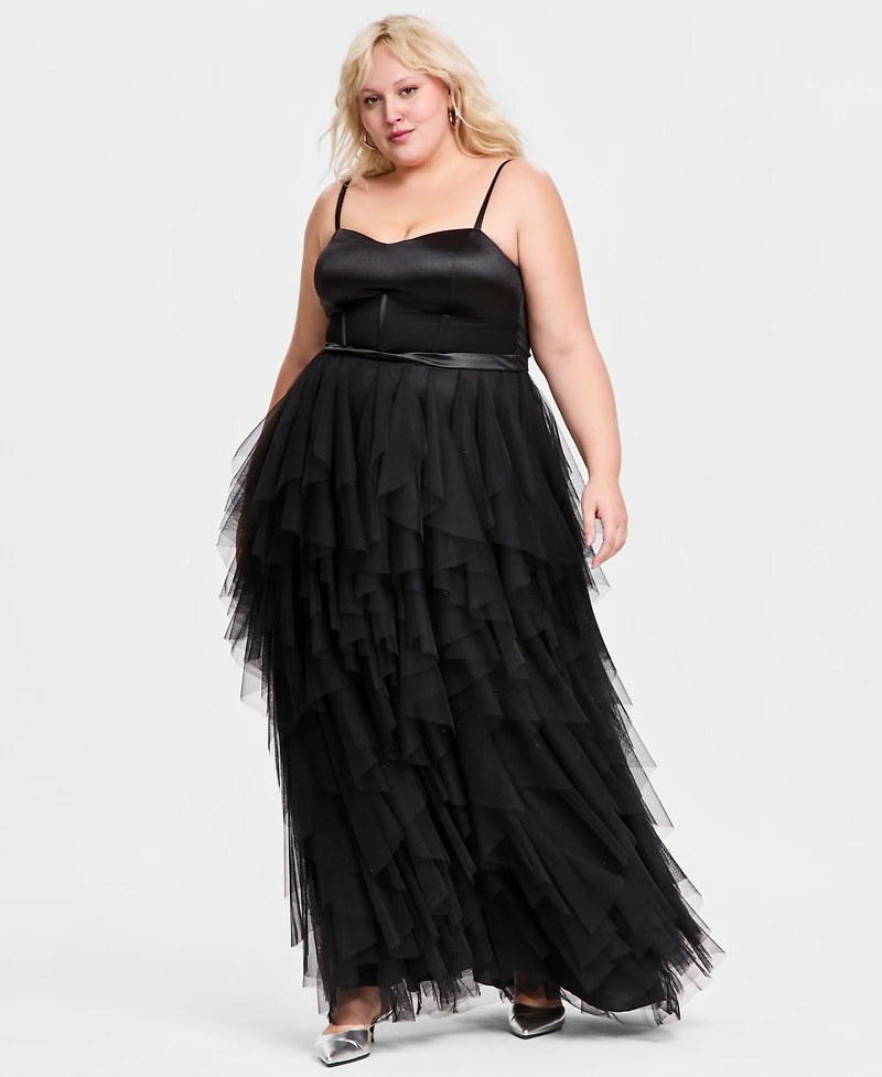 City Studios Trendy Plus Corset-Bodice Ruffled-Skirt Gown