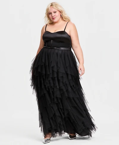 City Studios Trendy Plus Corset-Bodice Ruffled-Skirt Gown