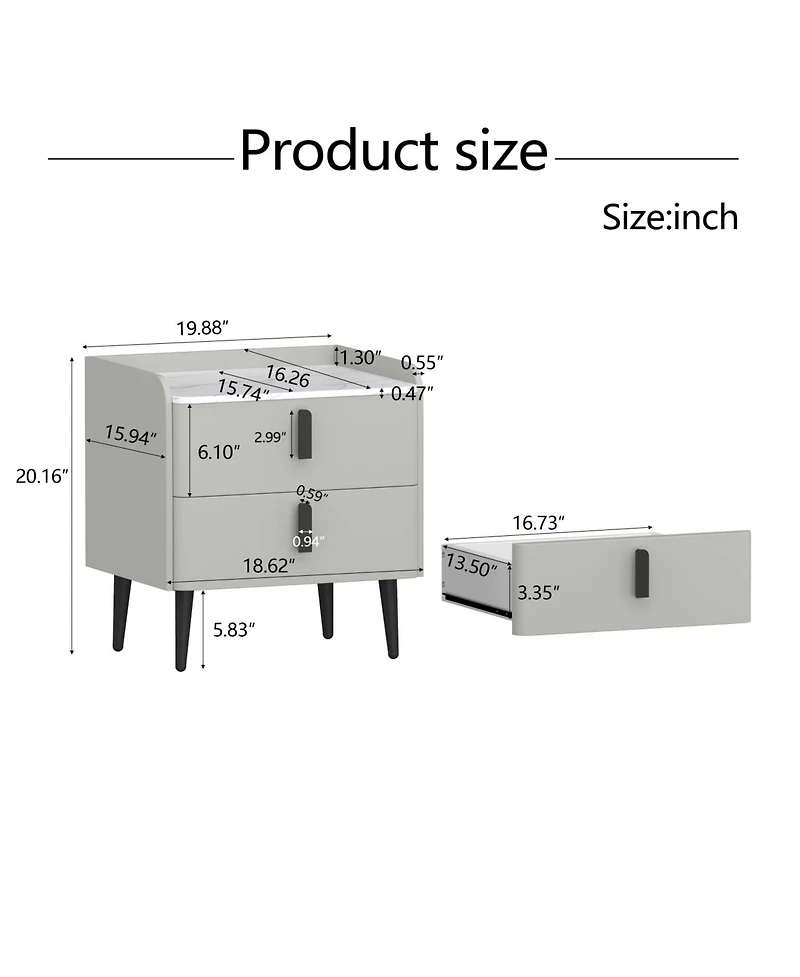 Streamdale Furniture Gray Nightstand with Marble Top & 2 Drawers