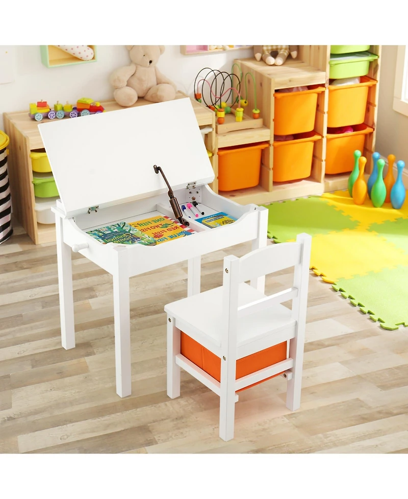 Gymax Kids Table and Chair Set Wood Activity Study Desk w/ Storage Drawer Hook