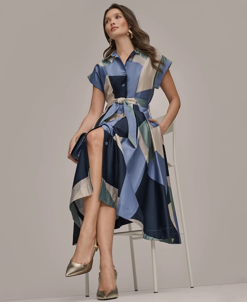 Donna Karan New York Women's Cap-Sleeve Spread Collar Geometric Colorblock Midi Shirt Dress