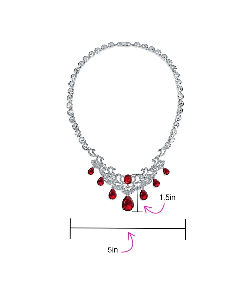 Bling Jewelry Art Deco Style Ruby Red Cz Cubic Zirconia Statement Bib Necklace and Teardrop Earrings Jewelry Set