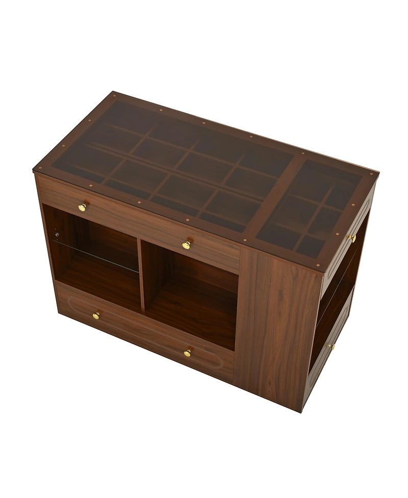 Streamdale Furniture Walnut Closet Island with Drawers, Glass Top, Shelves & Jewelry Storage