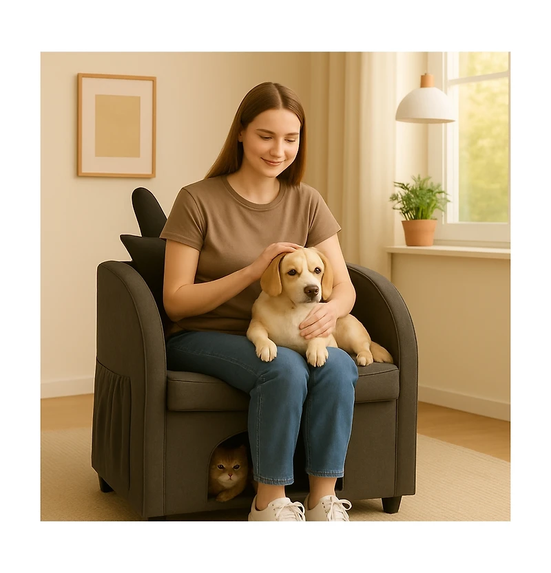 Cesicia Bunny-Ear Pet-Friendly Armchair Sofa Chair with Side Pocket, Scratch-Resistant Fabric, Built-in Cat & Dog Hideaway